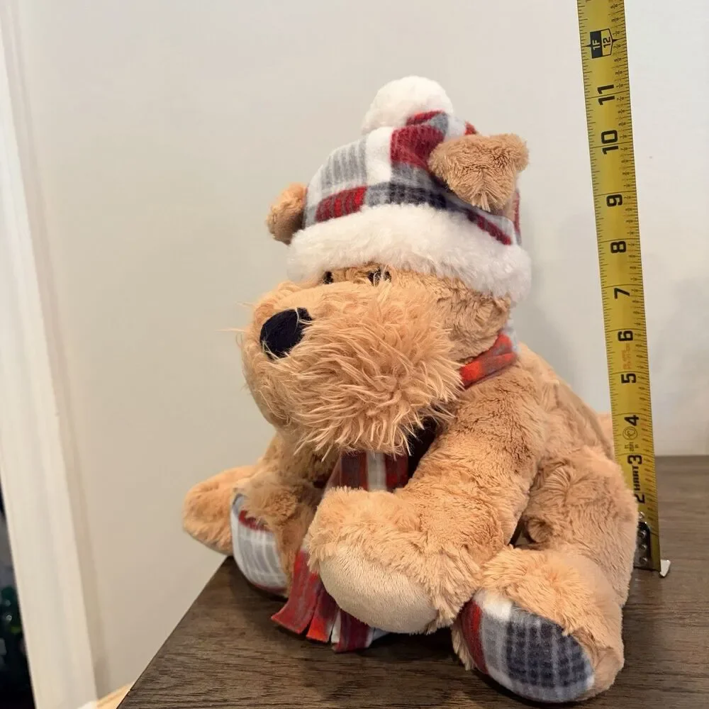 GT Gentle Treasures Tan Brown Sitting Puppy Dog Plaid Winter Hat Scarf 12
